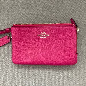 Dark Pink Coach Coated Leather Wristlet Wallet Small Bag / Card Holder  F87590